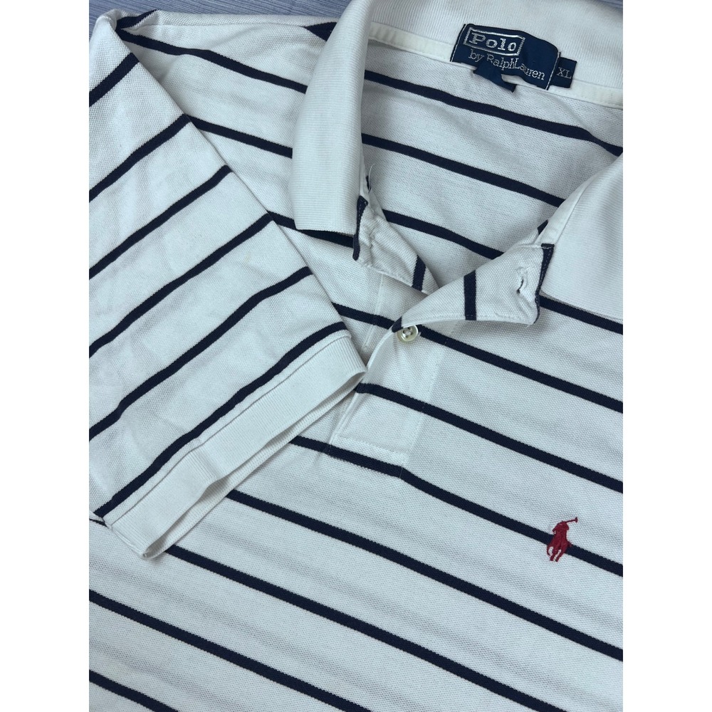 Polo Ralph Lauren Mens XL White Navy Blue Striped Cotton Pique Polo Shirt